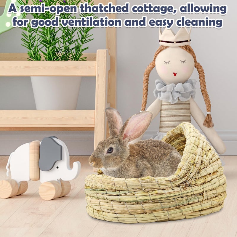 kathson Rabbit Grass House Bunny Woven Hay Bed Guinea Pig Hideout Hand Woven Natural Grass House for Hamster and Small Animals with Hay Chew Balls Toys - Image 4